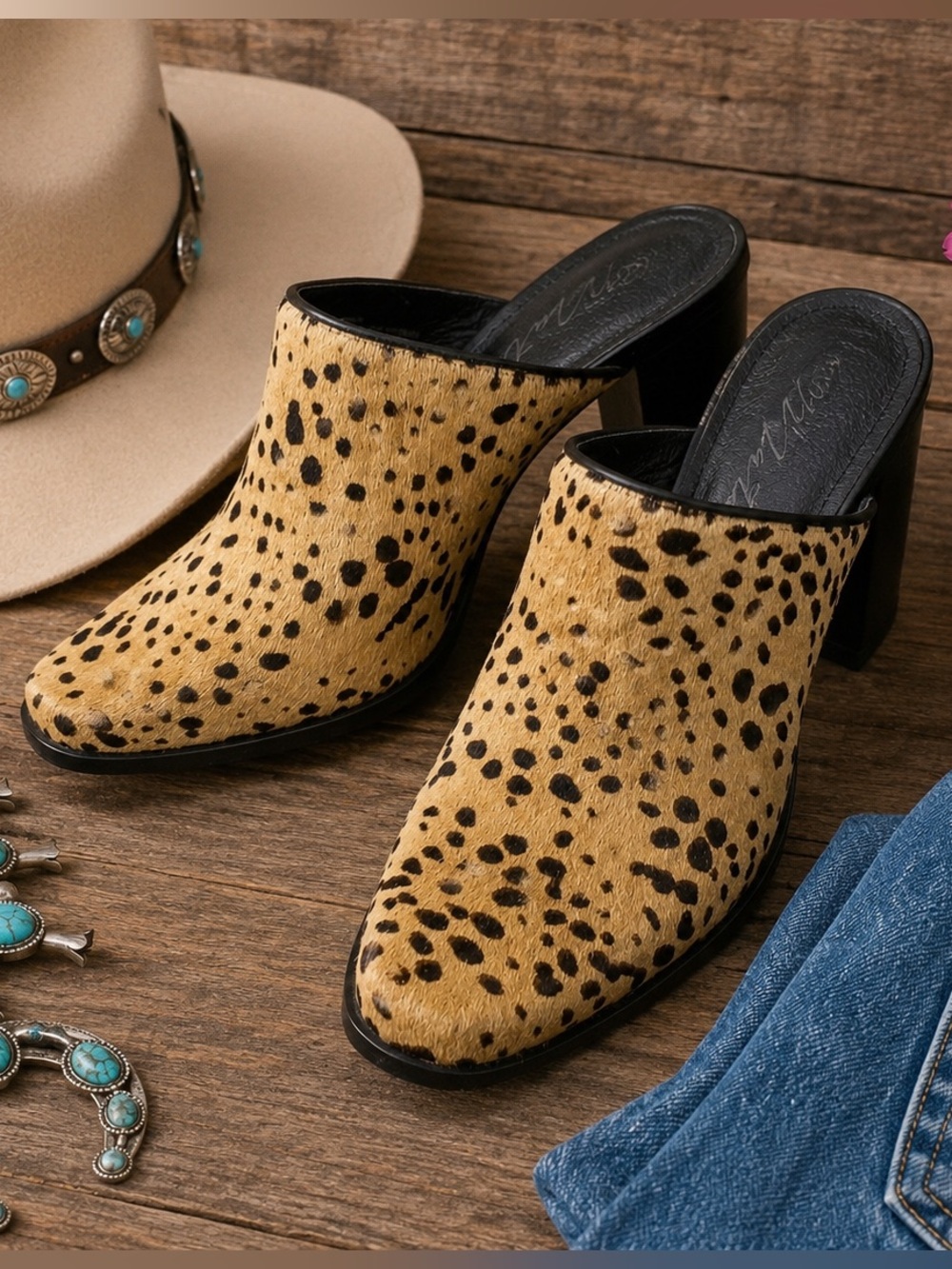 Matisse Leopard Cow Hair Leather Mules Heels Size 8M Made in Brazil Western